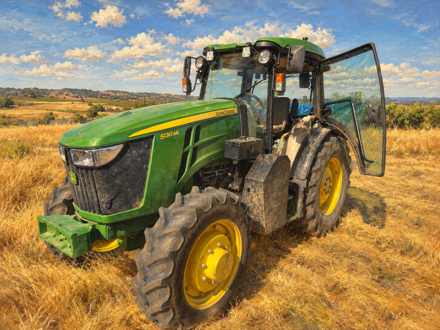 Tractor verde y amarillo en el campo, reinterpretado al óleo a partir de una fotografía