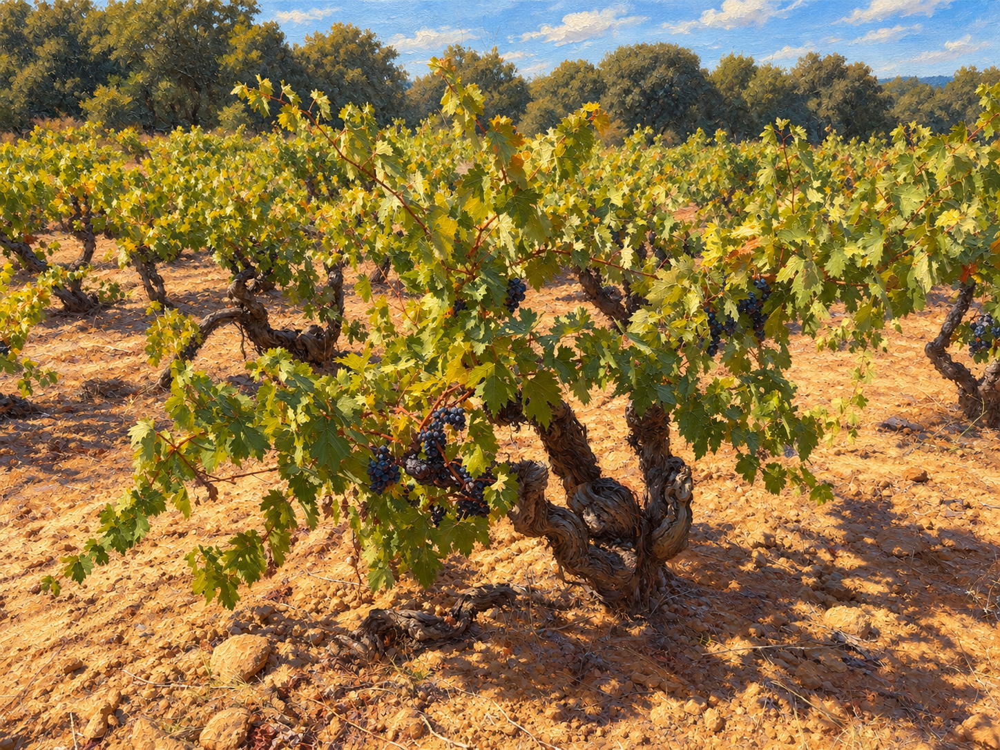 Viñedo con cepas y racimos, reinterpretado al óleo a partir de una fotografía